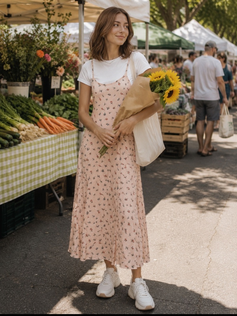 Y2K  Sleeveless Midi Dress Pink Polka Dots Floral Print Cottage Romantic Layer S